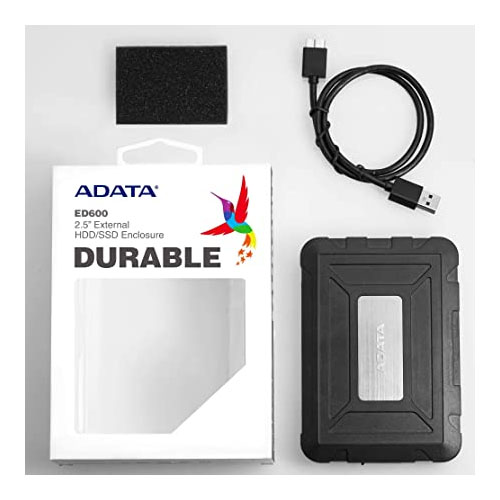 ADATA ED600 - CAJA PARA DISCO EXTERNO, COMPATIBLE CON HDD/SSD, USB 3.2 GEN1, IP54, NEGRO